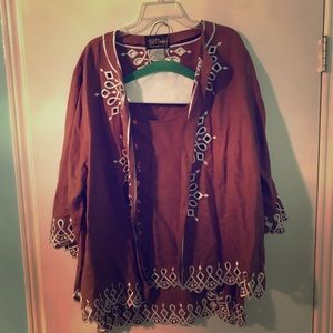 EUC Linen Rayon Brown Embroidery Jacket Shirt Set